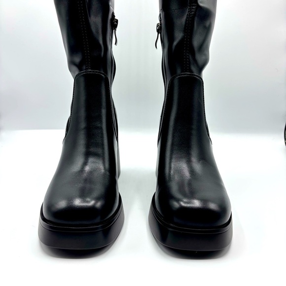 Black Leather Knee High Boots for Women Platform Chunky Block Heeled Boo… - Picture 3 of 8